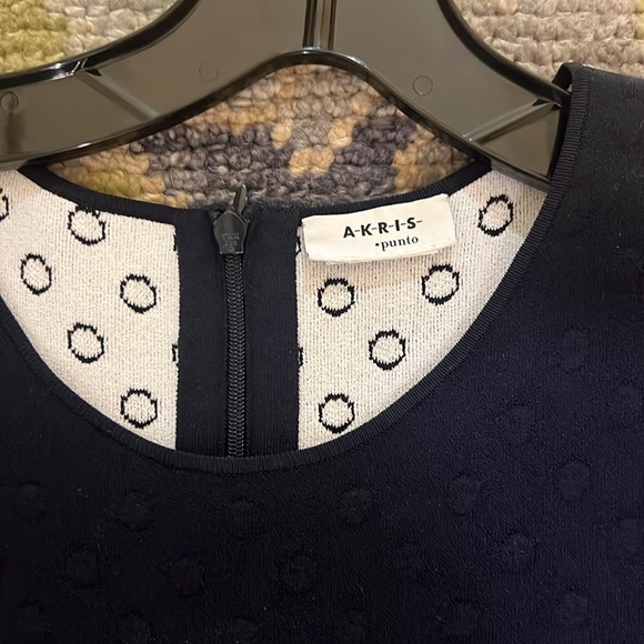 Akris Punto Short Sleeve Navy Dot Jacquard Scuba Fit and Flare Dress - Picture 7 of 15